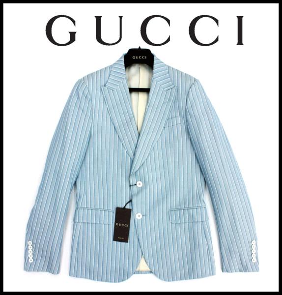 33万新品■50=M~L■GUCCI グッチ薄ブルーストライプ軽ジャケット
