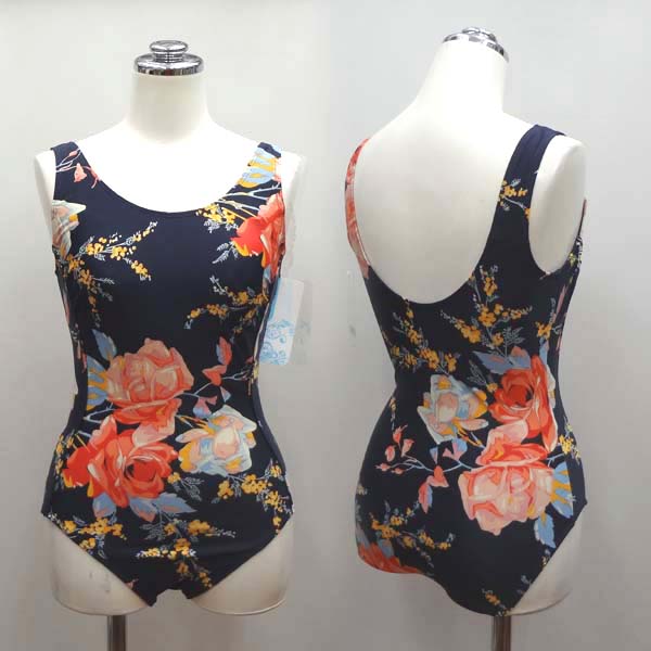 ○９号Ｍ　ワンピース水着　ネイビー地大きな薔薇柄
