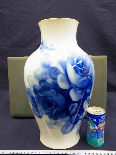 D00667大倉陶園 ブルーローズ 花瓶 35cm高 花生 花入