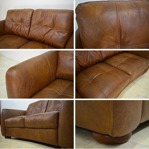 NA29Cビンテージレザー張り2Pソファー展示品1円～家具outlet美品