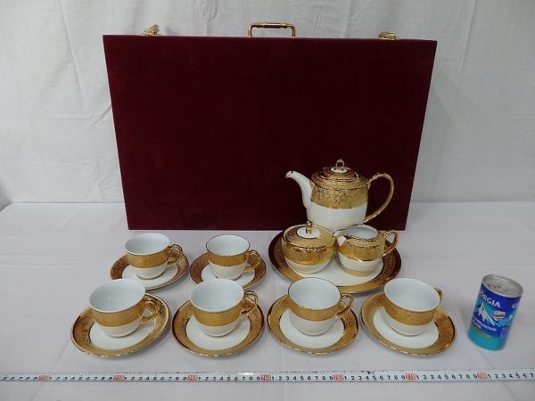B02281 タイ製食器 手描 金彩花文様 ティーセット 6客揃 ケース
