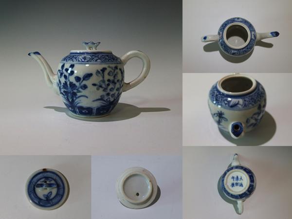 清時代　染付花紋急須　「大清康熙年製」銘　中国古玩　⑤