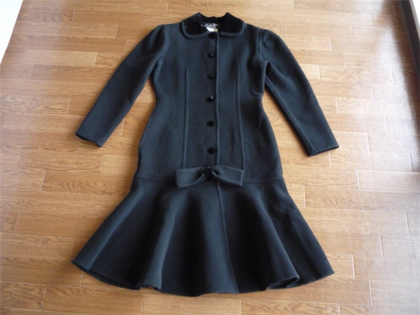 nO078美Sophie Nat 仏製デザインメルトンウールロングコート黒38