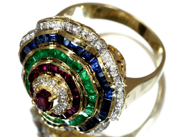 1円～★宝石の島★4宝石のバレリーナセット 高級K18リング h760