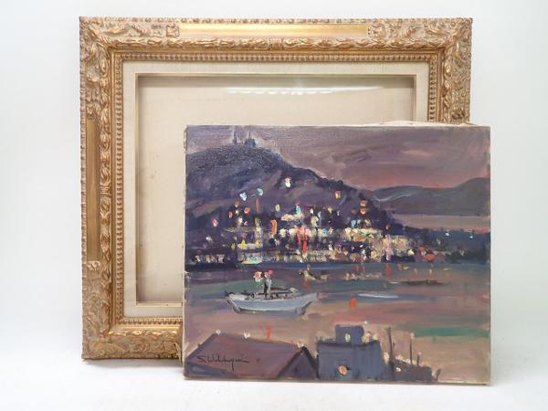 227/○-油彩画 若林茂佳 函館の灯 F8 肉筆 油絵 風景画 絵画額装(自然