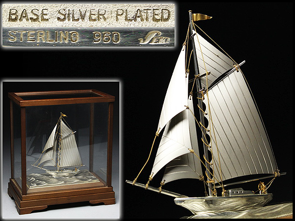 BM785 STERLING【関武比古】銘 銀製ヨット・銀ヨット置物 ケース