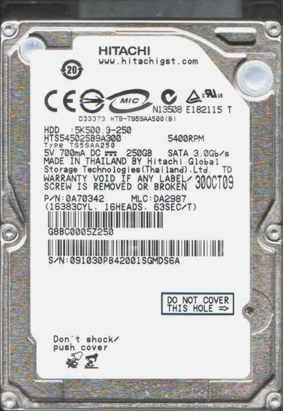 2.5インチ HITACHI HTS545025B9A300 250GB SATA 5400rpm