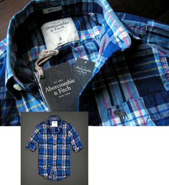 【既決USA】アバクロ@完売胸元刺繍シャツ【Moose】Navy Plaid@S