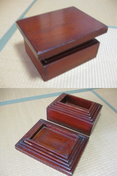 時代 漆塗 角切溜 重ね箱5ヶ◇小物入れ/木箱/入れ子/硯箱