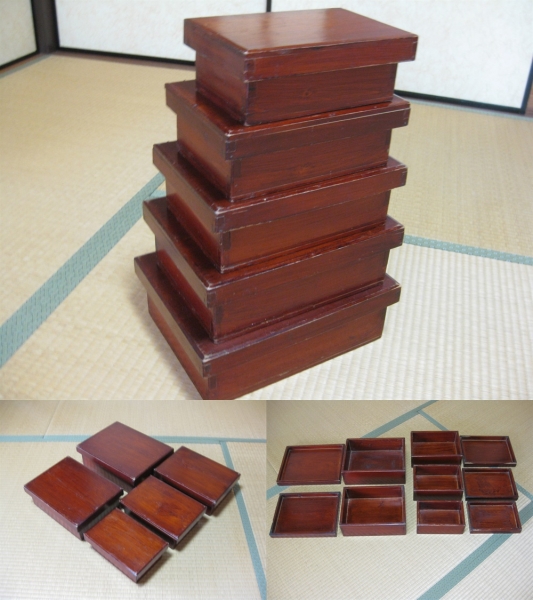時代 漆塗 角切溜 重ね箱5ヶ◇小物入れ/木箱/入れ子/硯箱