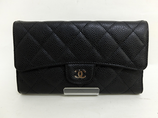 超美品 CHANEL マトラッ セキャビアスキン 3つ折り 長財布4757##