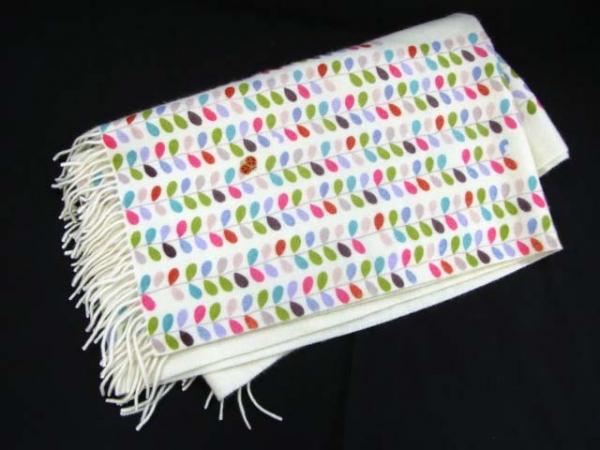 カシミヤ100%大判フリンジストール オフホワイト てんとう虫刺繍