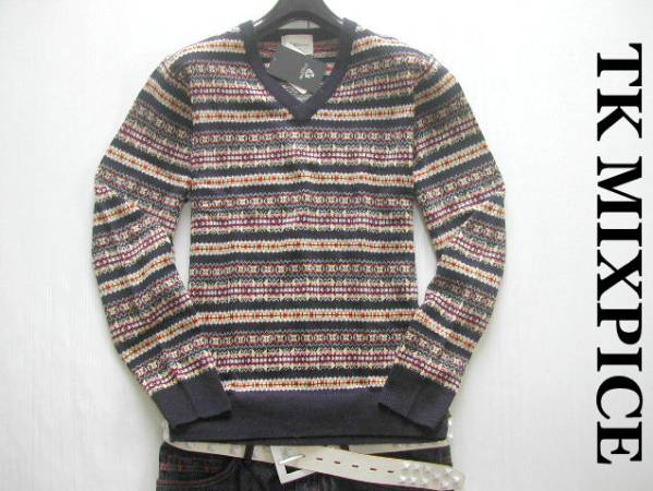 19.新品M タケオキクチTK MIXPICE 毛混フェアアイルＶ首セーター