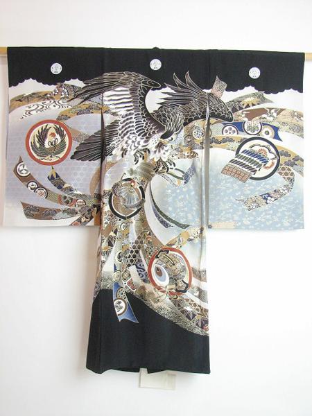 中古着物 正絹 鷲柄 襦袢付 男児初着 五歳児 七五三 三番蔵1951D