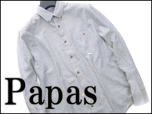 美品Papas パパス ストライプ長袖ボタンダウンシャツ48青白13137