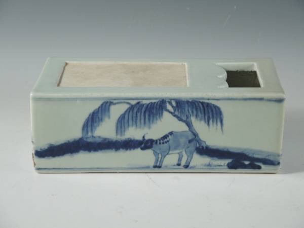 ◆栄◆中国 清代 古染付 馬 山水 硯 書道具 無傷完品 55a85