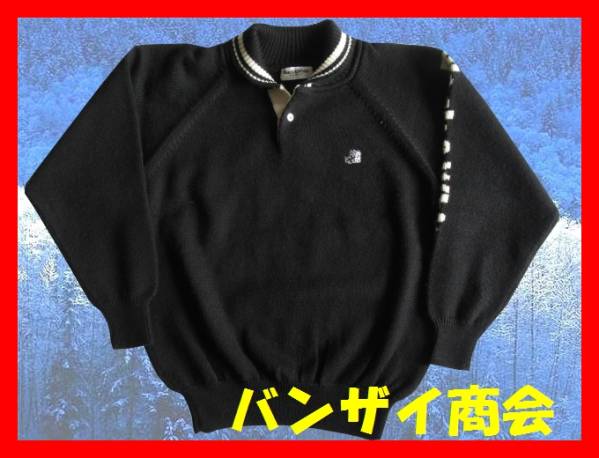 美品◆ブラック&ホワイト ロゴ入 ショールカラーウールセーターL