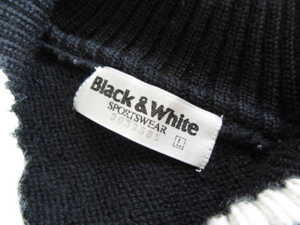 美品◆ブラック&ホワイト ロゴ入 ショールカラーウールセーターL