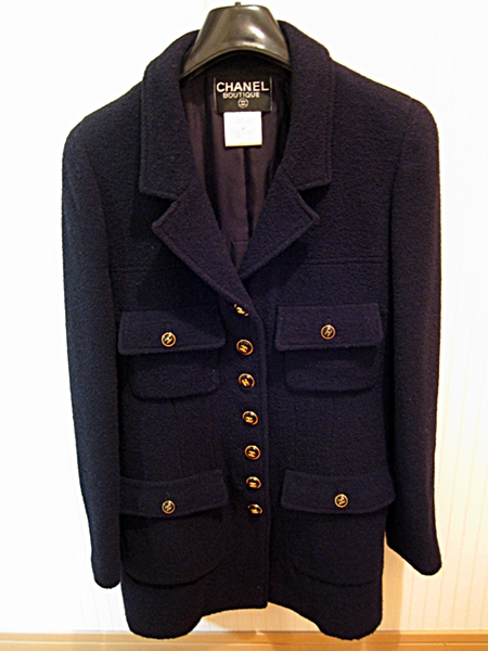 CHANEL レディース ジャガード織り 黒ジャケットコート サイズ40