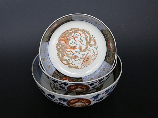 杜】 伊万里 金襴手 桐に鳳凰 波千鳥図三つ鉢 AS1560 古伊万里金襴手