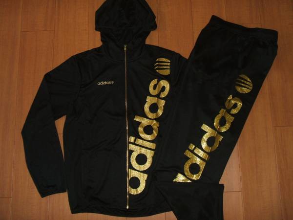 アディダス【Ｏ】ビッグロゴフードジャージ★黒×金