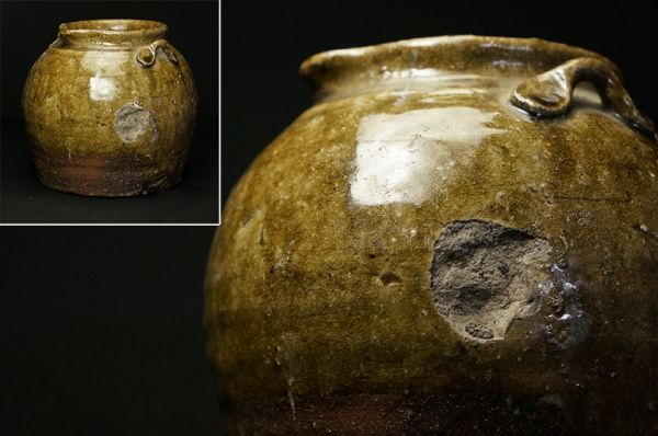 4453. 江戸末期 古越前 おはぐろ壺 合箱 / 自然釉幕末時代骨董