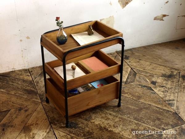 古いアイアンと木箱のキッチンラック 収納棚 アンティーク