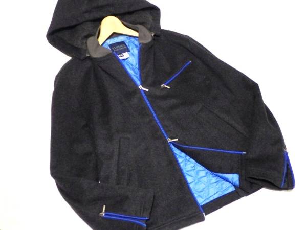 伊製/ヴェルサーチ/フード 刺繍 ジップ 中綿 ウールジャケット/L