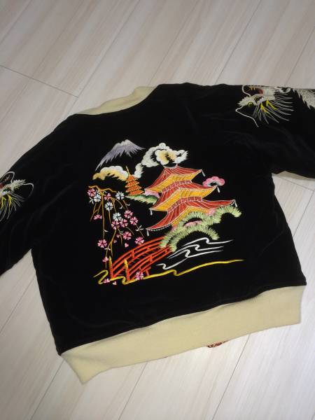 別珍 黒Ｍ　五重塔　オリジナルバックプリント ヴィンテージ