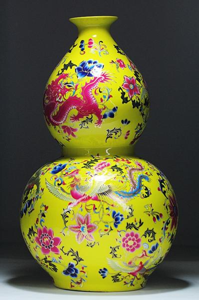 清代 乾隆年製 黄釉 龍鳳花図 粉彩 瓢瓶 重9.12kg 高60cm Z210 陶芸 清