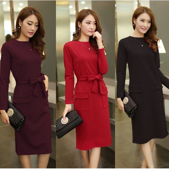 美シルエット ウエストリボンミモレ丈ワンピース L/深赤