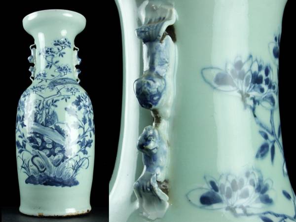 ◆廻◆ 中国古玩 古染付 花鳥図染付花入 52cm 獅子耳 唐物 [R73]