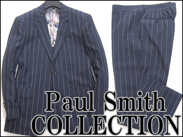 美品 ポールスミスコレクション 春夏ストライプスーツ紺☆J26907 Paul