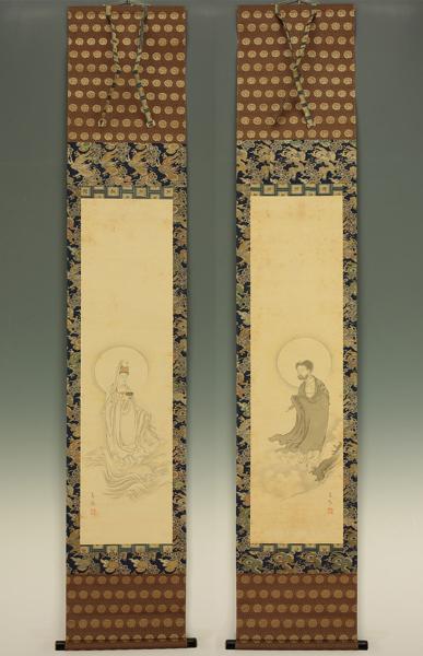 掛軸・書画 【釈迦と観音】 仏画 明治期画家 鬼頭道恭 識箱 y763