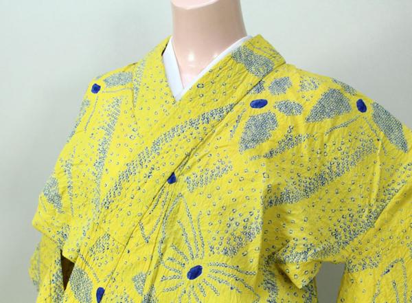 【一輝堂】HK17266=女性用 浴衣 黄色 蝶文様 絞り 夏祭りに！