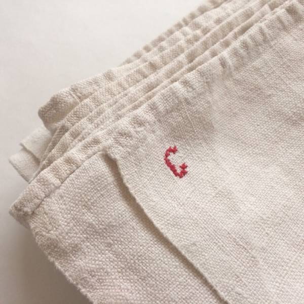 フランスアンティーク　リネン　シーツ　イニシャル刺繍　クロス　カバー　生地 アンティーク20sフランスイニシャル刺繍シームリネンシーツ生地