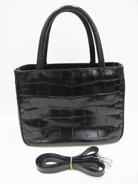 FURLA フルラ 本革 クロコダイル 2way ハンドバッグ 黒