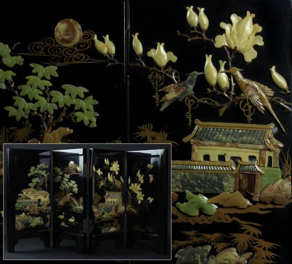 櫻】中国古玩 黒漆砡寿山石細工 山水花鳥風月図衝立 極上品 中国 清