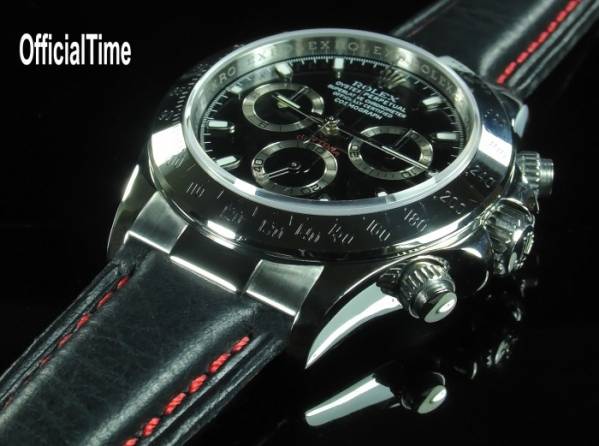 officialtime製 ロレックス各モデル用 黒本革ベルト 赤ステッチ