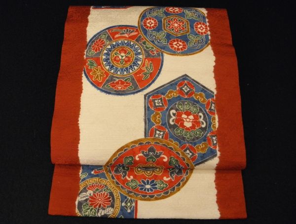 【帯喜楽】タ-64●名古屋帯●未使用品●紬帯●更紗丸文亀甲