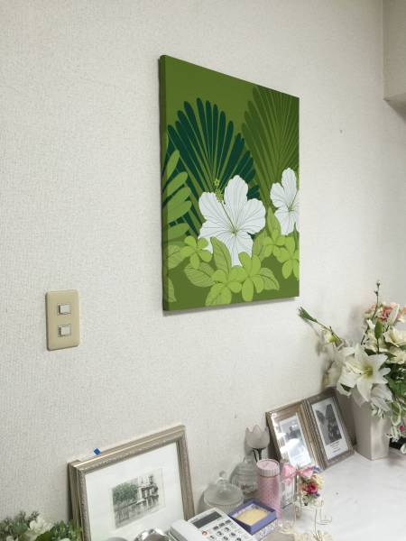 即決　おしゃれなインテリアパネル50X61 グリーンハイビスカス