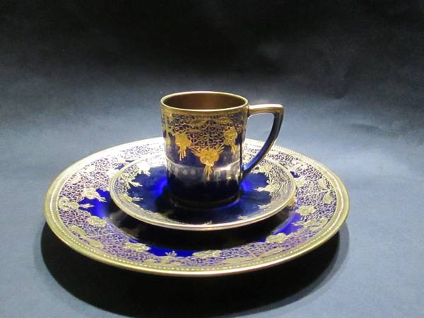 稀少　美術館クラス　金盛りコバルト彩のトリオ