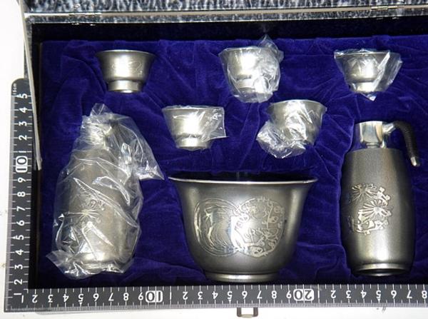 激安～　本錫製　酒器揃　銚子２本＆猪口5客＆盃洗　錫半＊5233V