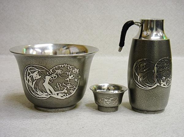 激安～　本錫製　酒器揃　銚子２本＆猪口5客＆盃洗　錫半＊5233V