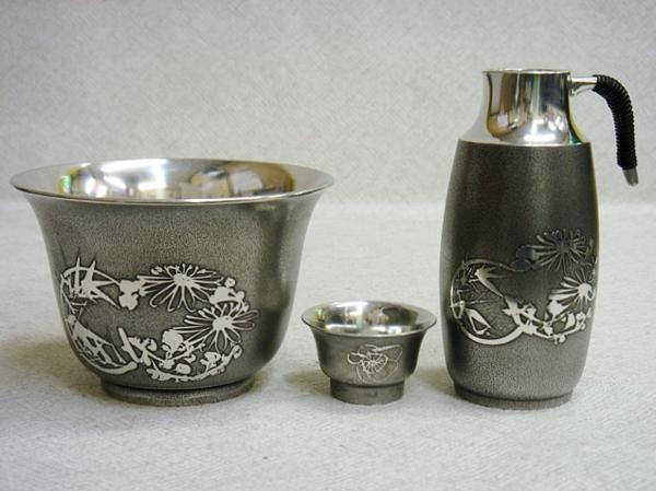 激安～　本錫製　酒器揃　銚子２本＆猪口5客＆盃洗　錫半＊5233V