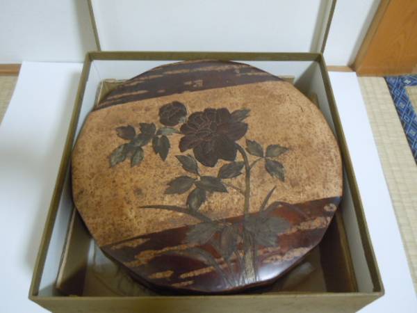 秋田工芸 桜皮細工 樺細工 お茶櫃 16角形 牡丹 菓子鉢 銘々皿 蕗 木工