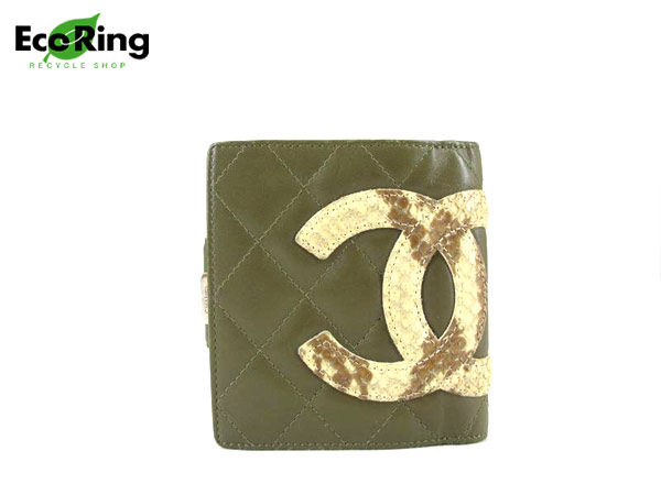 1円 限定品 シャネル カンボン がま口 二つ折り財布カーキ AV383
