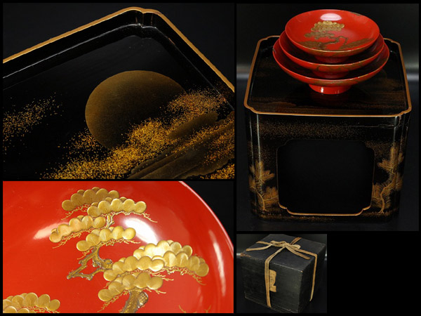 高級蒔絵三ツ盃 盃台明治時代箱入旧家蔵出(U62)
