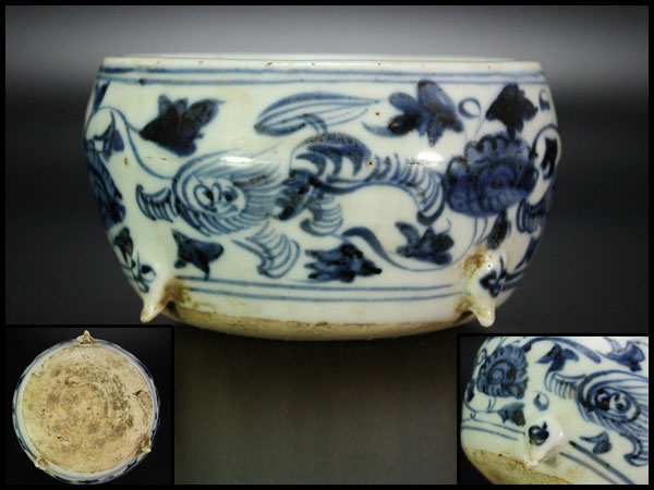 中国美術青花花卉紋三足香炉旧家蔵出(HN971) ∇花∇中国美術 19世紀清