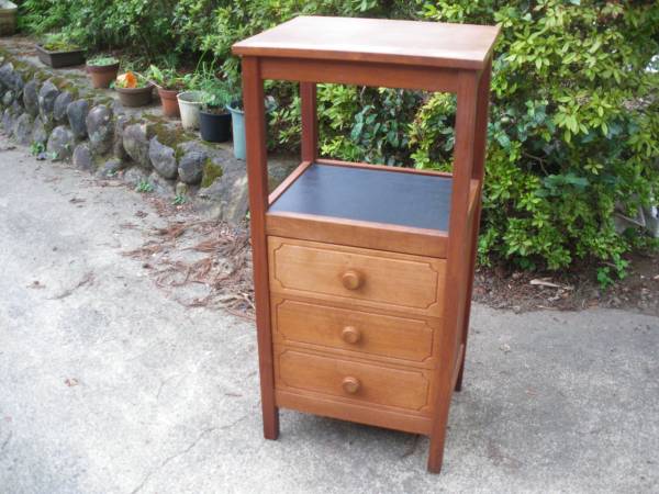 中古　昭和レトロ 天然木 電話台/花台 3段引き出し付き